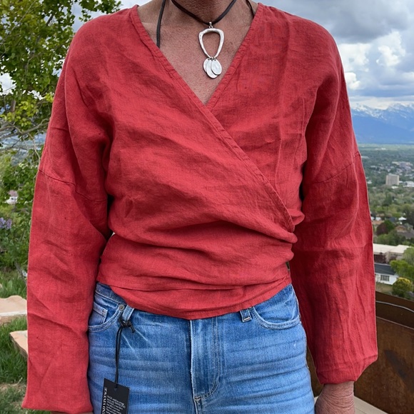 Sundance Tops - 100% coral red linen wrap top. New with tags from Sundance.